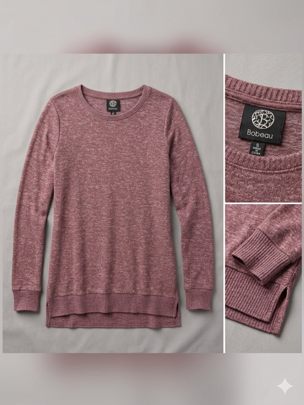 Bobeau Mauve Marled Knit Sweater Top Women’s Small Long Sleeve Textured Pullover